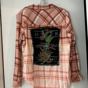 Plaid Button-Up Shirt with Floral Patch